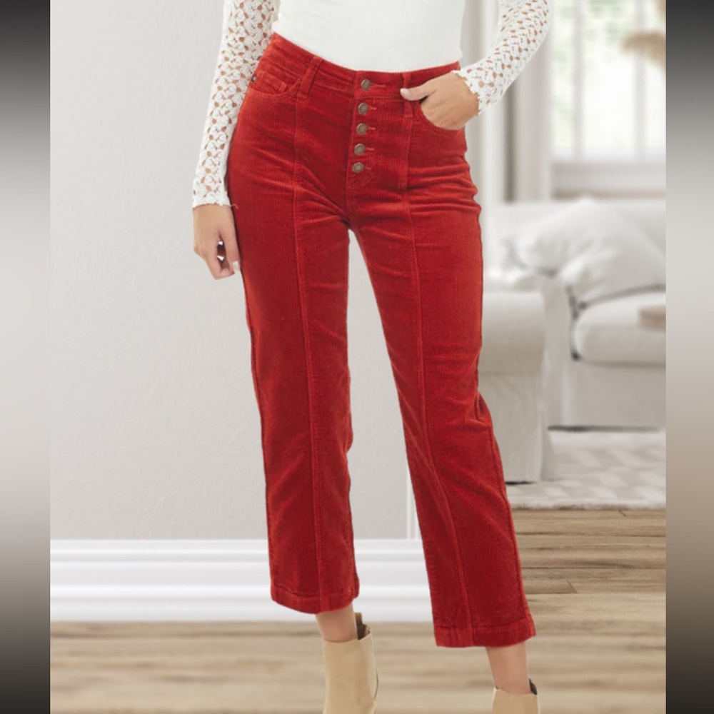 Cropped Button Fly Judy Blue Dark Rust Color Corduroy Jeans